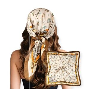 Women Scarf Bird Feathers Print Decorative Scarf Silky Satin Brown Black and Whi